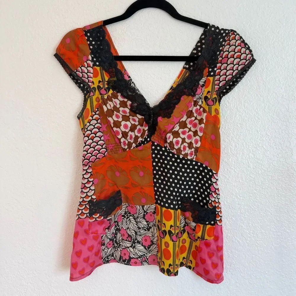 Vintage retro y2k boho summer Patchwork lace satin cool girl top